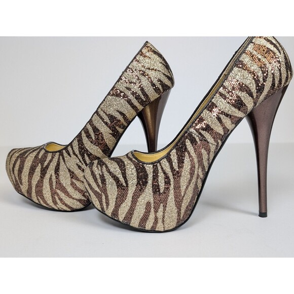 Qupid Women's Shoes 5 Inch Heels Gold Brown Stripes Size 6 Party Dress Glitter! - Picture 4 of 8